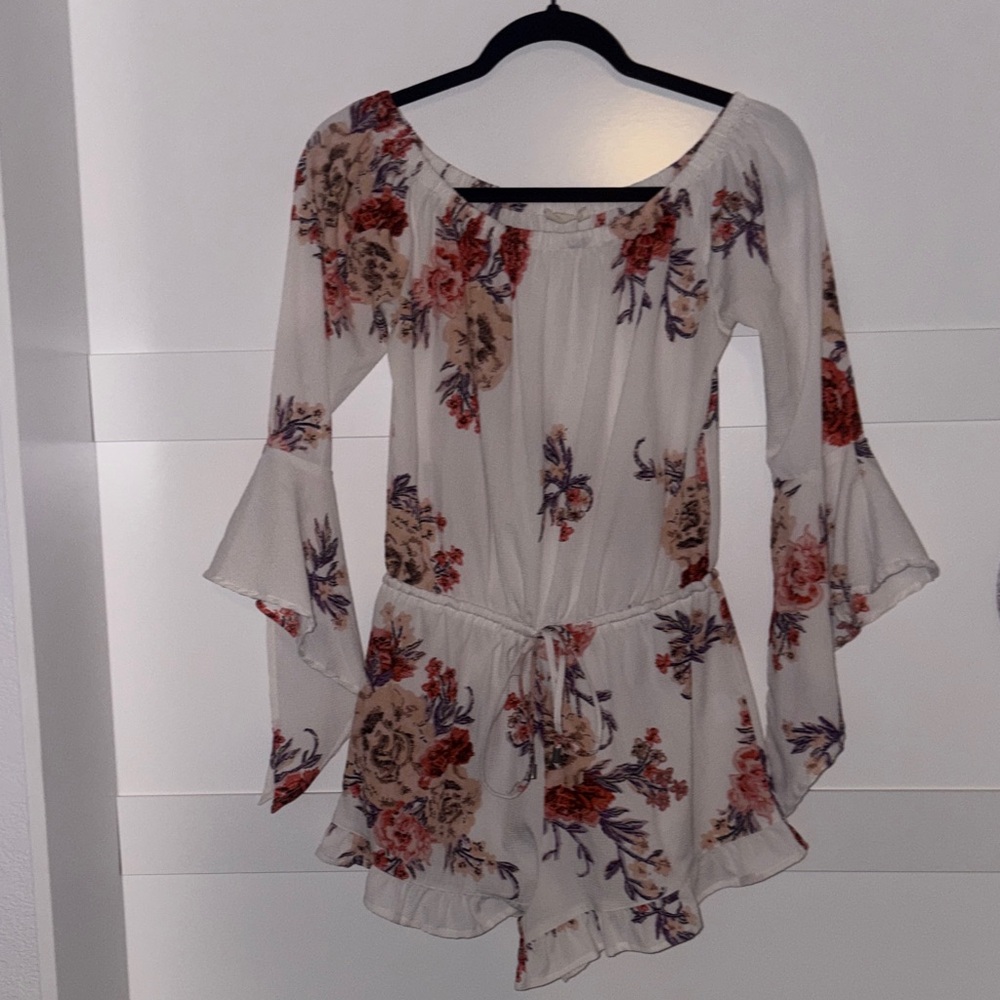 feathers White Floral Off-Shoulder Tunic with Bell Sleeves